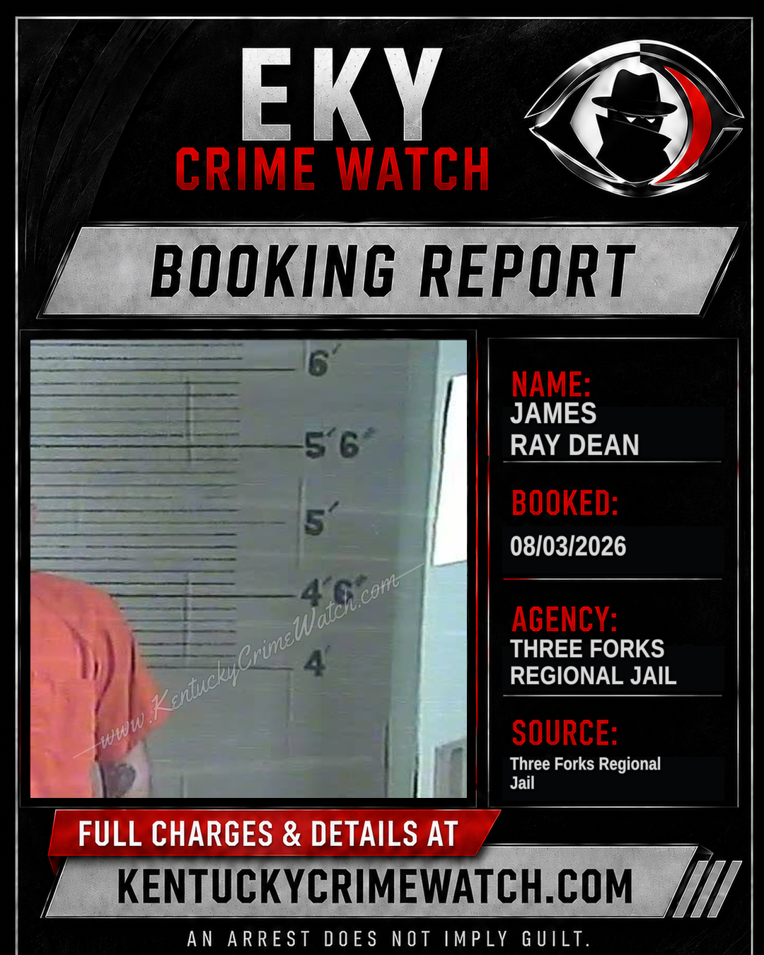James Ray Dean booking report card