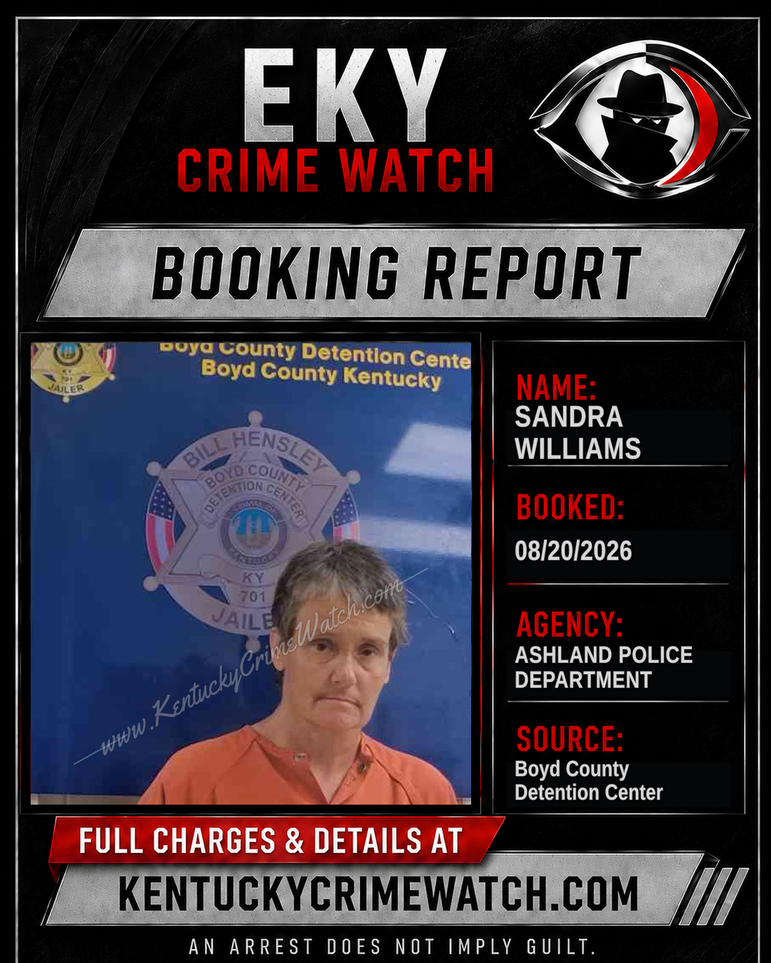 SANDRA WILLIAMS booking report card